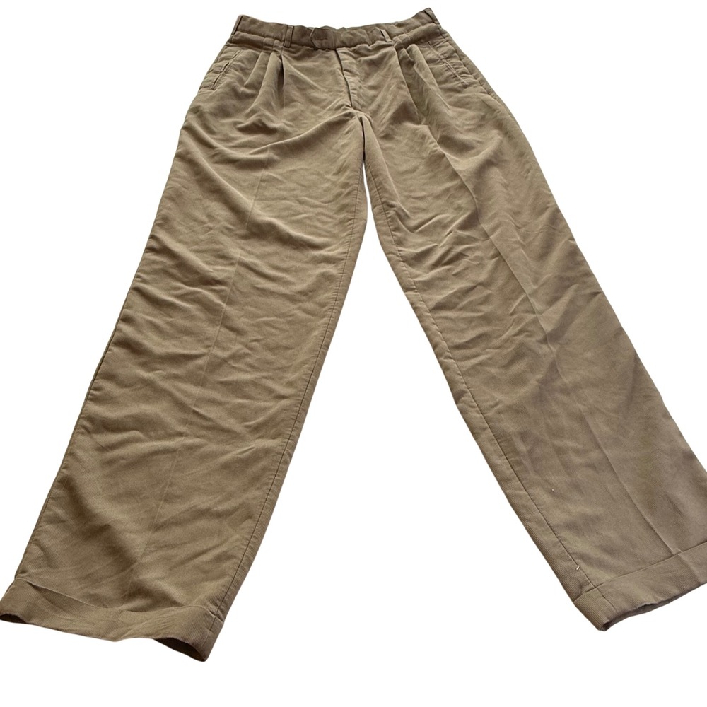 Vintage Adolfo Pleated Corduroy Pants Olive Green Brown 36x34 Wide Leg‎